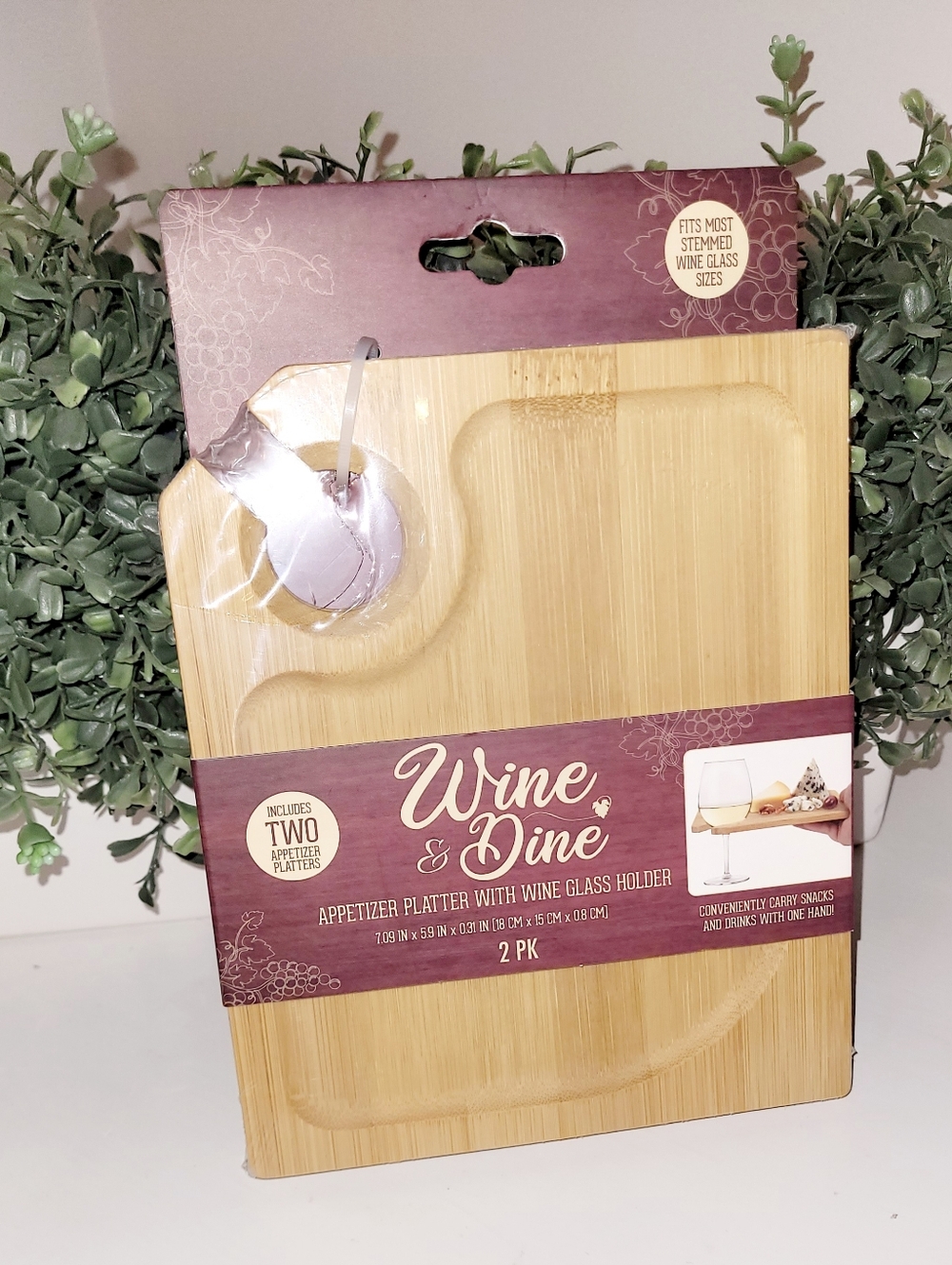 Bamboo Appetizer Platter with Wine Glass Holder - 2 Pack (Natural)